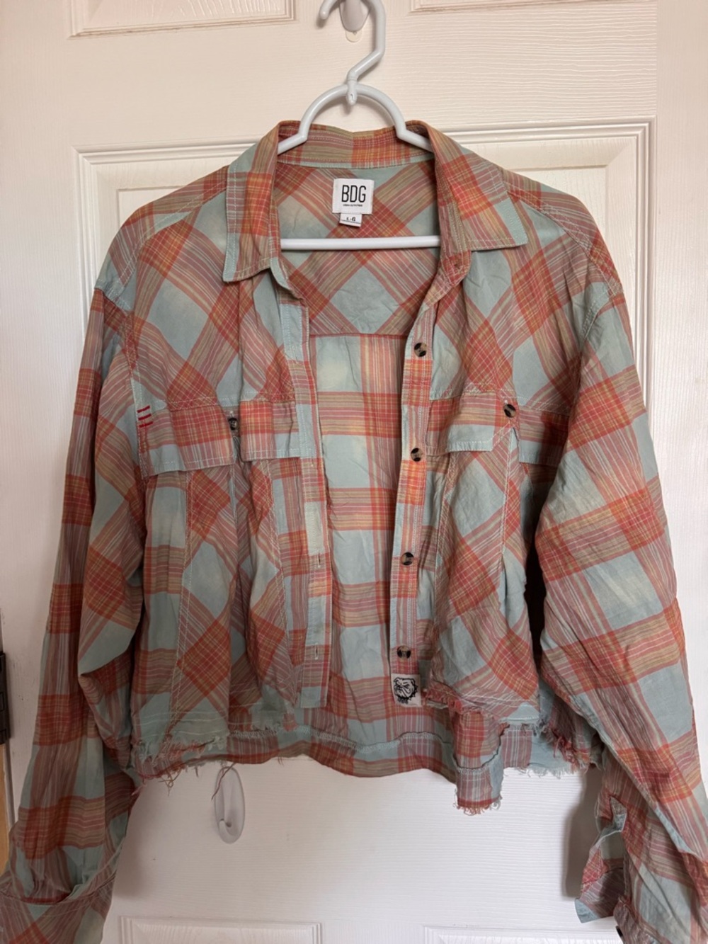 BDG Blue and Coral Plaid Button-Front Cropped Shirt